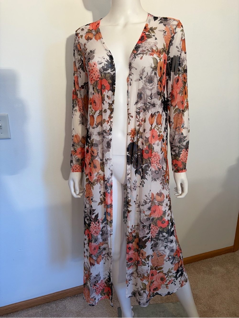 #812 Sheer Floral Duster/Cardigan- Coral, Gray and cream Long Cardigan